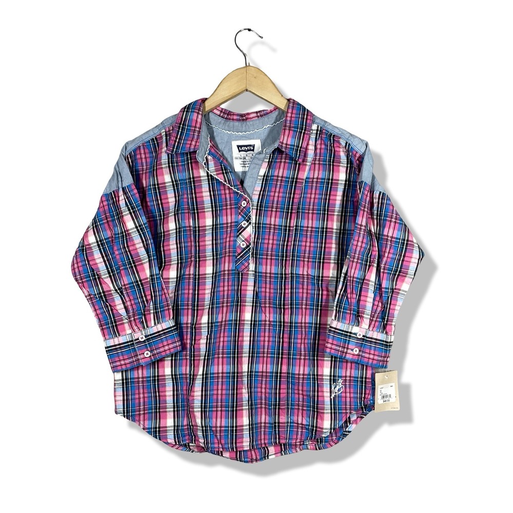Levi's Plaid Button Down Shirt Kids‎ Large Pink Blue Western Casual New